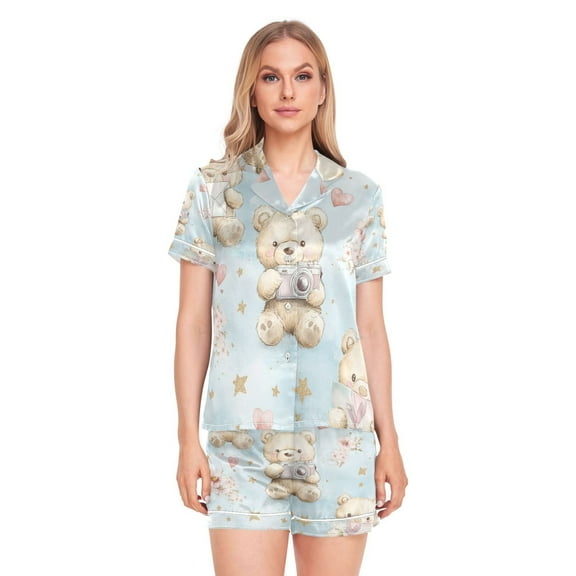 Women Silk Pajama Sets Causal Outings Fashion Cuddly Bears and Memories Pattern Home