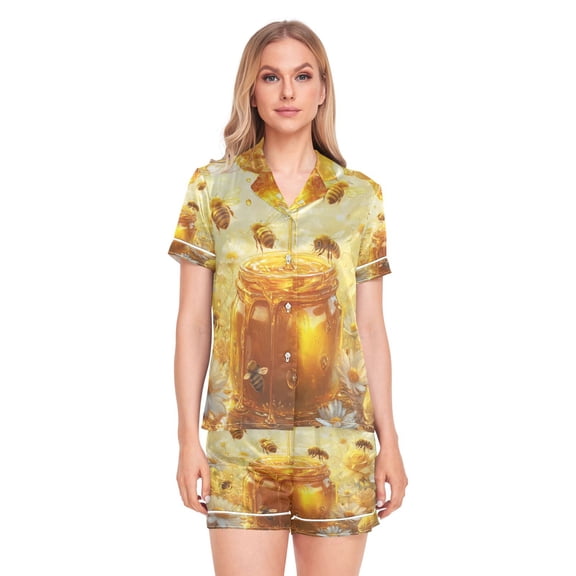 Women Silk Pajama Sets Causal Outings Fashion Cute Bee Take Honey Pattern Home