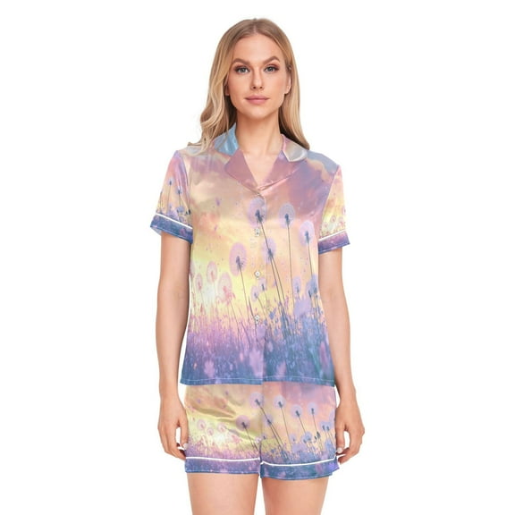 Women Silk Pajama Sets Causal Outings Fashion Dandelions in Colorful Field Pattern Home