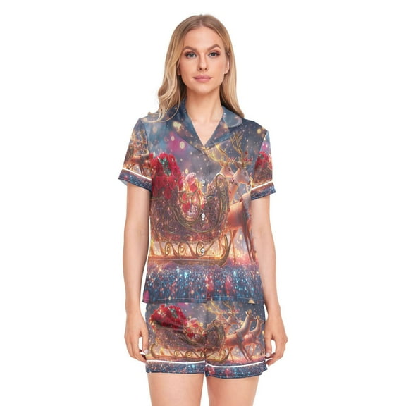 Women Silk Pajama Sets Causal Outings Fashion Decorative Sleigh with Reindeer Pattern Home