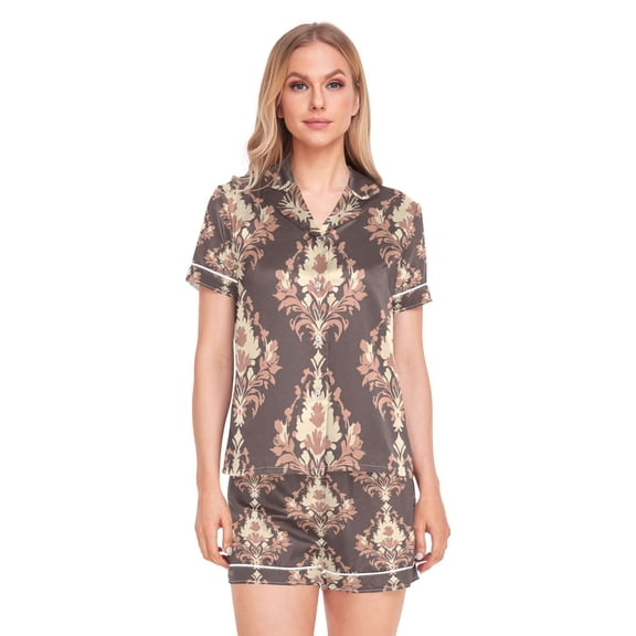 Women Silk Pajama Sets Causal Outings Fashion Elegant Earthy Damask Pattern Home