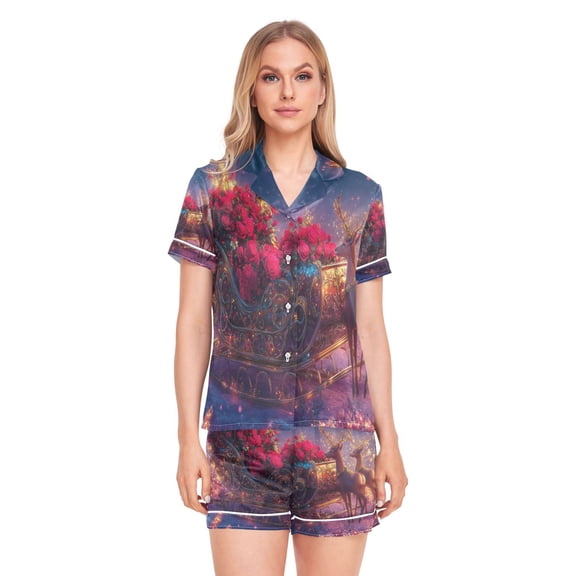 Women Silk Pajama Sets Causal Outings Fashion Festive Sleigh with Roses Reindeer Pattern Home