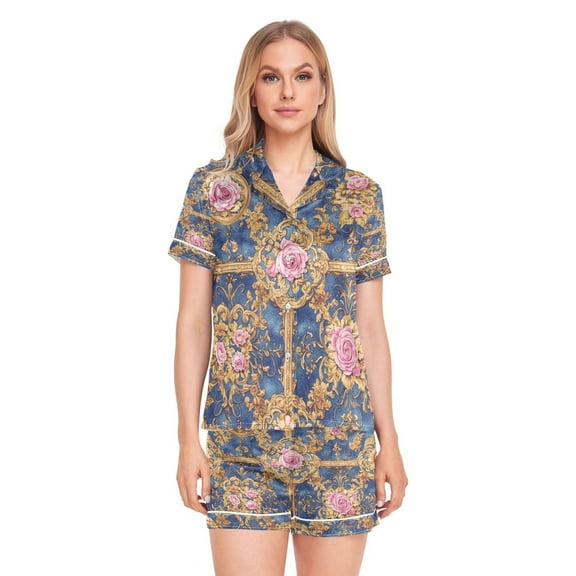 Women Silk Pajama Sets Causal Outings Fashion Floral Baroque Pattern Home