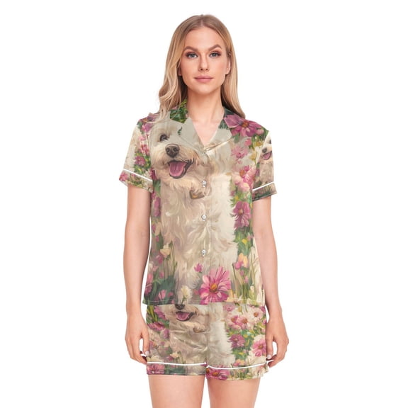 Women Silk Pajama Sets Causal Outings Fashion Floral Furry Friend Pattern Home