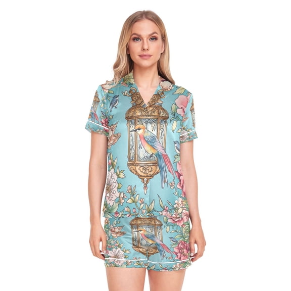 Women Silk Pajama Sets Causal Outings Fashion Floral Lantern with Birds Pattern Home