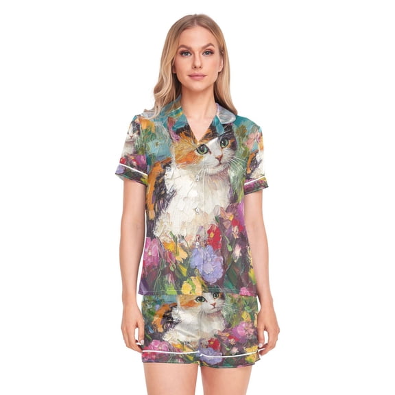 Women Silk Pajama Sets Causal Outings Fashion Floral Portrait Pattern Home