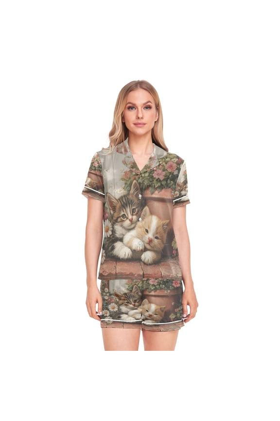 Women Silk Pajama Sets Causal Outings Fashion Flower Garden Cuddles Pattern Home