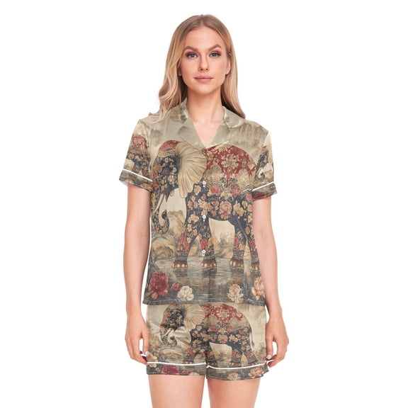 Women Silk Pajama Sets Causal Outings Fashion He Ornate Elephant Pattern Home
