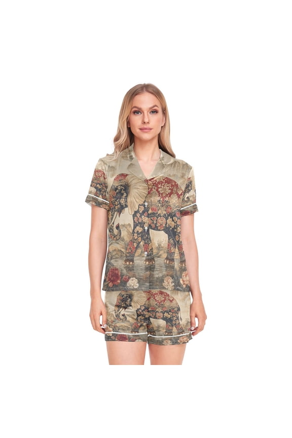 Women Silk Pajama Sets Causal Outings Fashion He Ornate Elephant Pattern Home