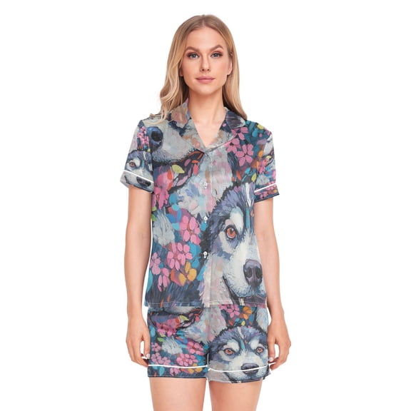 Women Silk Pajama Sets Causal Outings Fashion Husky Happiness Pattern Home