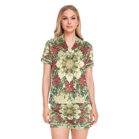 Women Silk Pajama Sets Causal Outings Fashion Joyful Floral Harmony Pattern Home