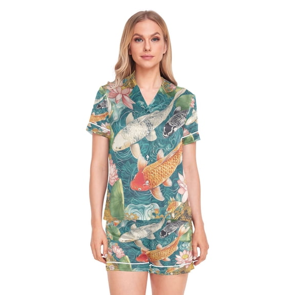 Women Silk Pajama Sets Causal Outings Fashion Koi Harmony Pattern Home