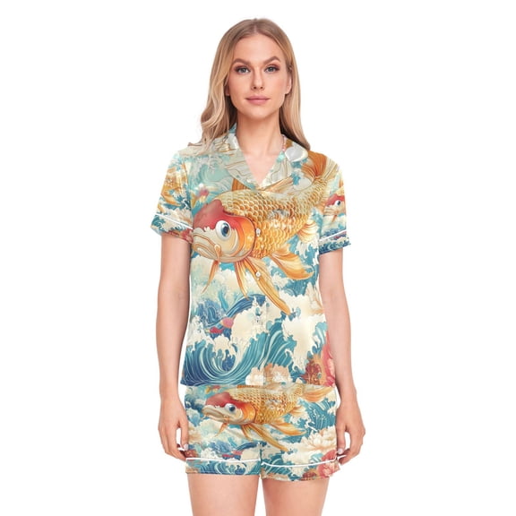 Women Silk Pajama Sets Causal Outings Fashion Koi in Bloom Pattern Home