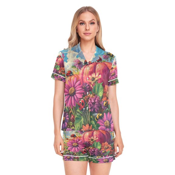 Women Silk Pajama Sets Causal Outings Fashion Ladybugs Wonderland Pattern Home