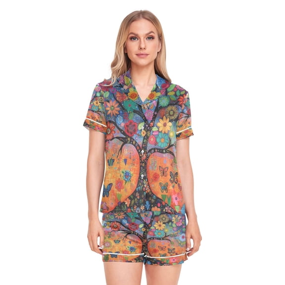 Women Silk Pajama Sets Causal Outings Fashion Luxuriant Tree Pattern Home