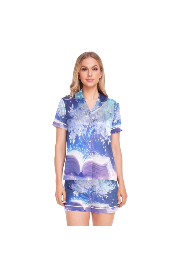 Women Silk Pajama Sets Causal Outings Fashion Magical Book White Tree Pattern Home