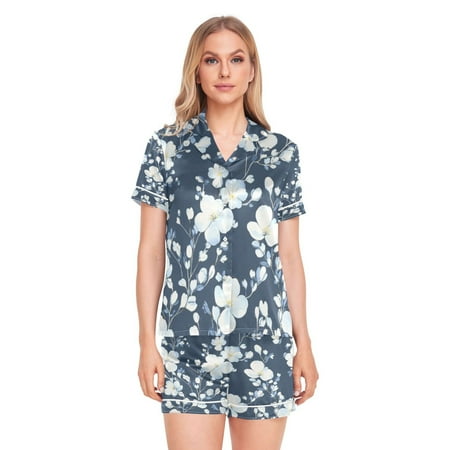 Women Silk Pajama Sets Causal Outings Fashion Midnight Blooms Pattern Home