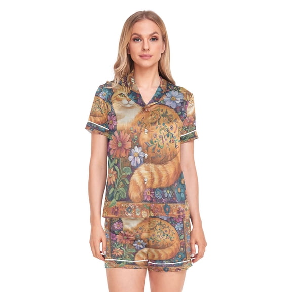 Women Silk Pajama Sets Causal Outings Fashion Orange Cat Pattern Home