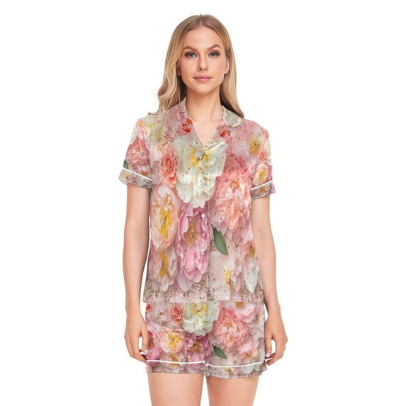 Women Silk Pajama Sets Causal Outings Fashion Pink and White Flowers Glitter Pattern Home