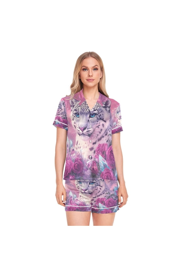 Women Silk Pajama Sets Causal Outings Fashion Snow Leopard Fantasy Art Pattern Home