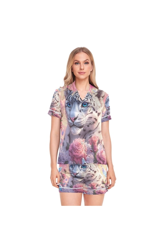 Women Silk Pajama Sets Causal Outings Fashion Snow Leopard Roses Crystals Pattern Home