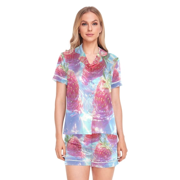 Women Silk Pajama Sets Causal Outings Fashion Strawberries Floating in Water Pattern Home