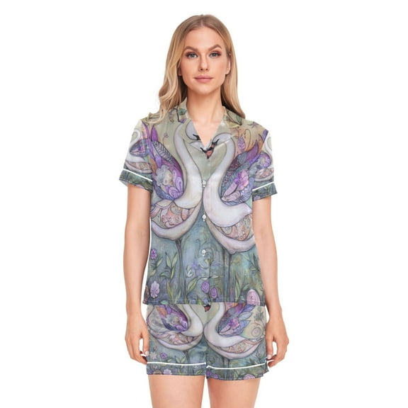 Women Silk Pajama Sets Causal Outings Fashion Swan Embrace Pattern Home