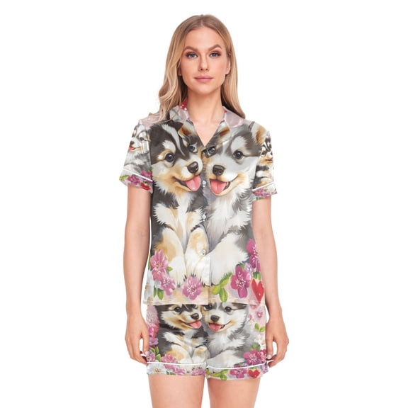 Women Silk Pajama Sets Causal Outings Fashion Two Puppies Surrounded by Flowers Pattern Home