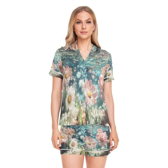 Women Silk Pajama Sets Causal Outings Fashion Underwater Pink and White Flowers Pattern Home