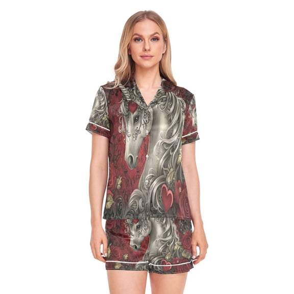 Women Silk Pajama Sets Causal Outings Fashion Unicorn Roses Hearts Pattern Home