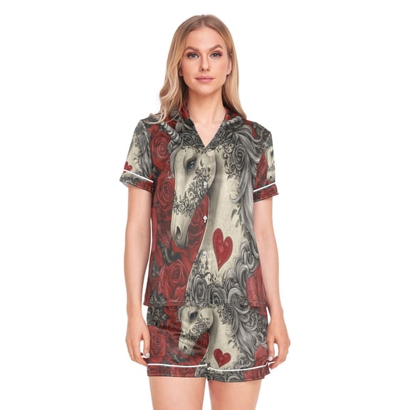 Women Silk Pajama Sets Causal Outings Fashion Unicorn Roses Pattern Home
