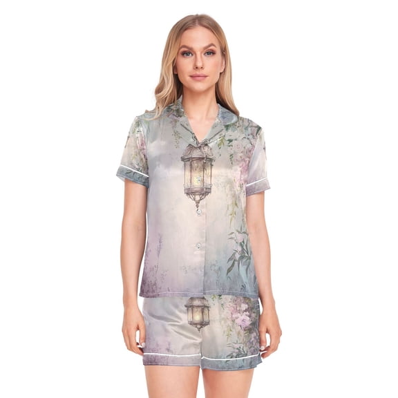Women Silk Pajama Sets Causal Outings Fashion Vintage Lamp with Flowers Pattern Home