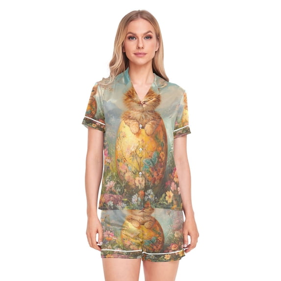 Women Silk Pajama Sets Causal Outings Fashion Whiskered Wonder in Bloom Pattern Home