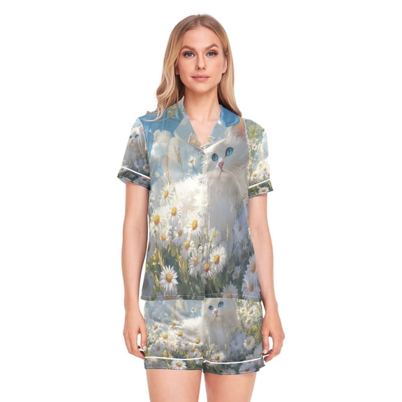 Women Silk Pajama Sets Causal Outings Fashion White Cat Among Daisies Pattern Home