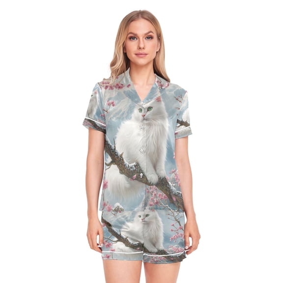 Women Silk Pajama Sets Causal Outings Fashion White Cat on Cherry Blossom Branch Pattern Home
