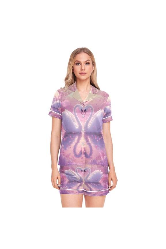 Women Silk Pajama Sets Causal Outings Fashion White Swans Pattern Pattern Home