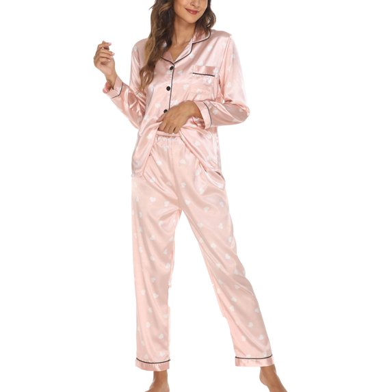 Women Silk Pajamas Set Long Sleeve Ladies Satin PJ Sets Button-Down Pajama Soft Cozy Printed Sleepwear Loungewear S~XL