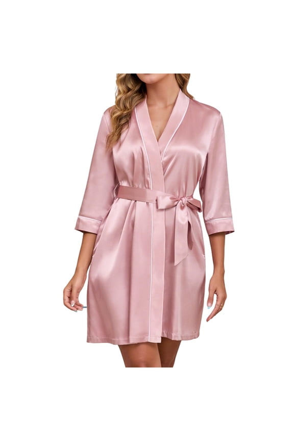 Women Silk Robe Short Bathrobe Open Front Pajama 3/4 Sleeve Nightdress Elegant Bathrobes 2025 Fashion Housecoat Classic Robes V Neck Bedtime Shirts Soft Belt PJs Loungewear