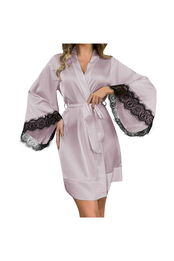 Women Silk Robe Short Lace Trim Satin Robe 3/4 Sleeves Sexy Kimono Bridal Robe