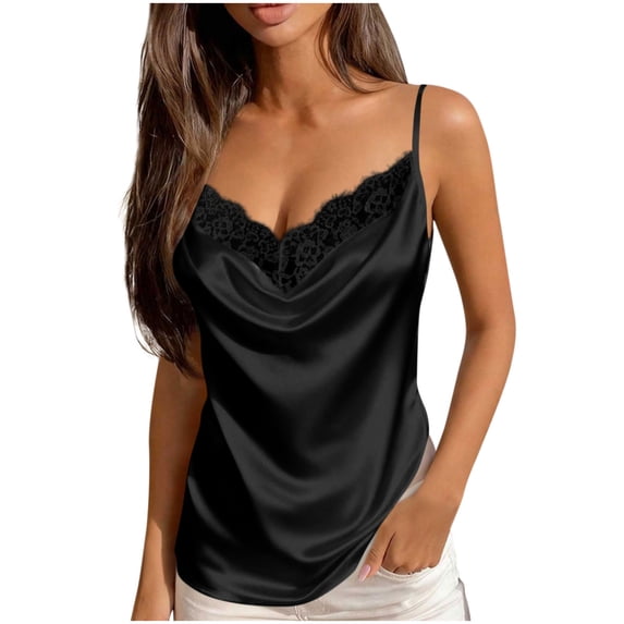 Women Silk Satin Camisole Top Sleeveless Spaghetti Strap Lace Trim Cami Top Tank Top Streewear Black