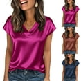 thumbnail image 1 of Women Silk Satin Cap Short Sleeve Blouse Tops V Neck Shirts Business Casual Tshirts Coffee XL, 1 of 6