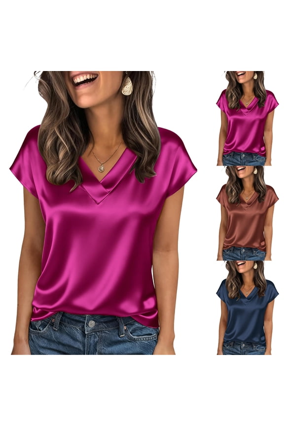 Women Silk Satin Cap Short Sleeve Blouse Tops V Neck Shirts Business Casual Tshirts Hot Pink L