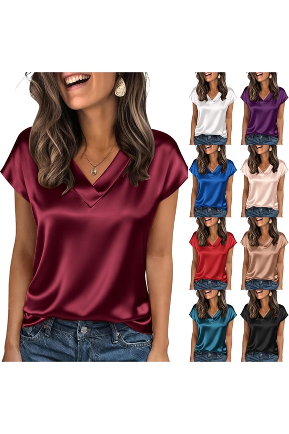 Women Silk Satin Cap Short Sleeve Blouse Tops V Neck Shirts Business Casual Tshirts Rose Gold 2XL