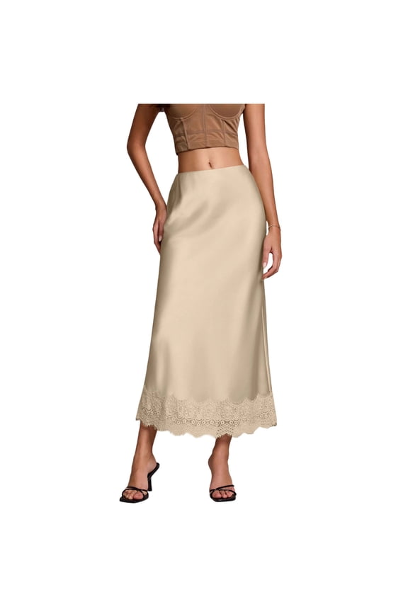 Women Silk Satin Half Slip Long Skirts Lace Patchwork Elastic Waist Long Skirt Elegant Silky Flowy A Line Midi Skirts