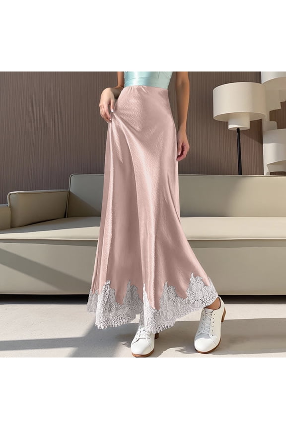 Women Silk Satin Half Slip Long Skirts Lace Patchwork Elastic Waist Long Skirt Elegant Silky Flowy A Line Midi Skirts