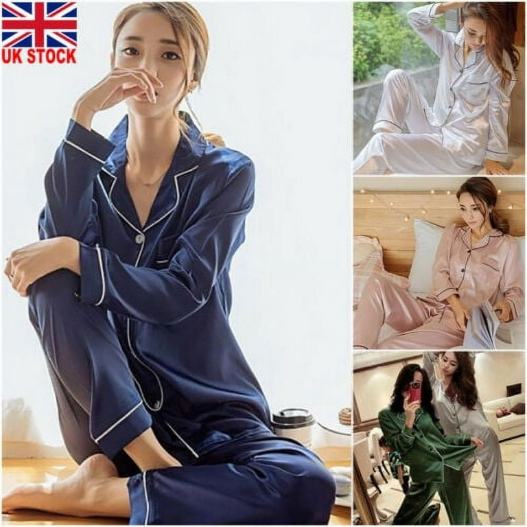 Women Silk Satin Pajama Pj's Set Long Sleeve Button Sleepwear Homewear  Nightwear
