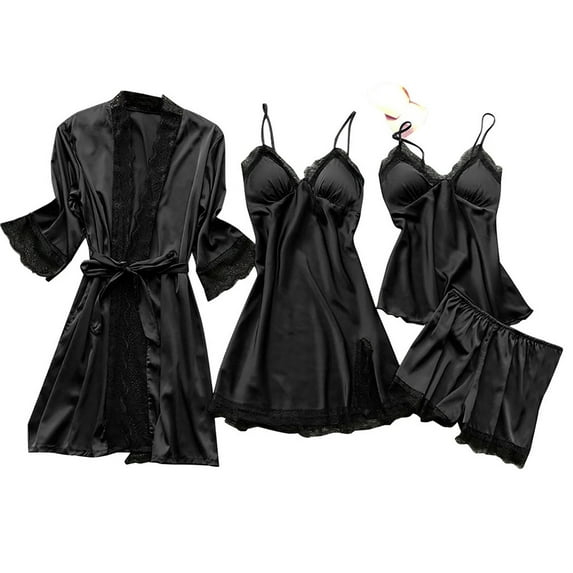 Women Silk Satin Pajama Set 4pcs Pajamas Lace Cami Top Shorts Nightgown Sleepwear Robe Sets Cute Satin Pjs Sets for Women