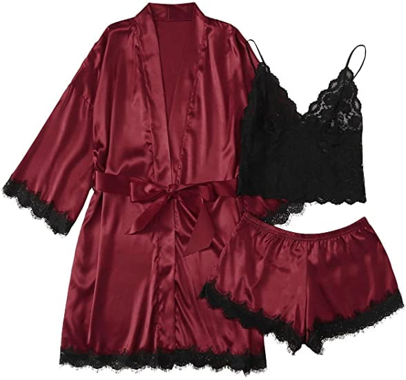 Sexy Lingerie LOFIR Sexy Lingerie for Women Womens Summer Pajamas Pjs Sets of 4 Pcs with Floral Lace Top Shorts and Robe Gift for Women Pink L