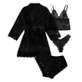 thumbnail image 1 of Women' Silk Satin Pajamas Set 4pcs Lingerie Floral Lace Cami Sleepwear with Robe,Black,XS, 1 of 7