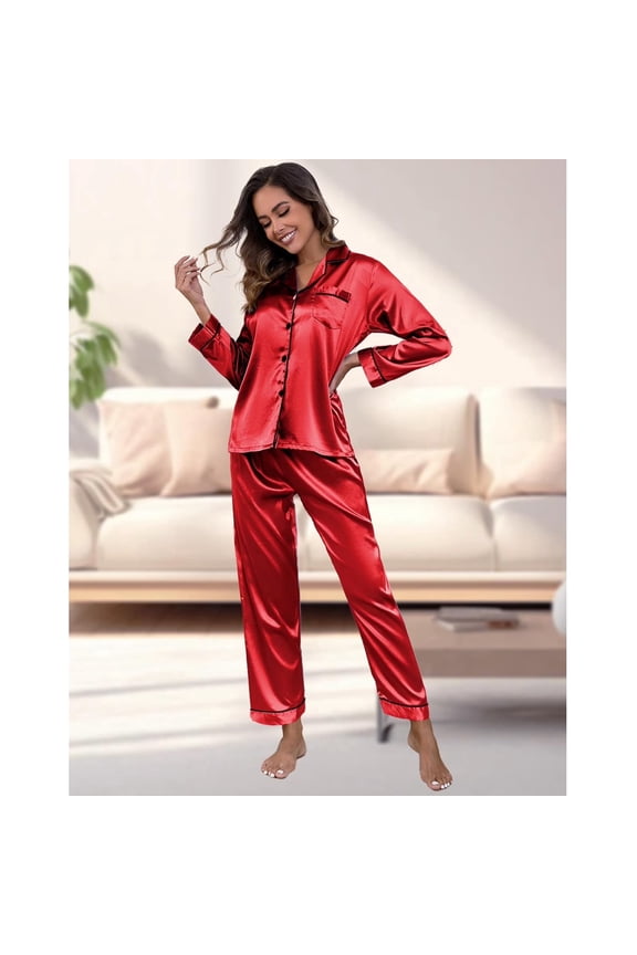 Women Silk Satin Pajamas Set Long Sleeve Button Down Pajama Set 2 Piece Satin Sleepwear Womens Silk Loungewear Set with Long Pajama Pant, Red,S
